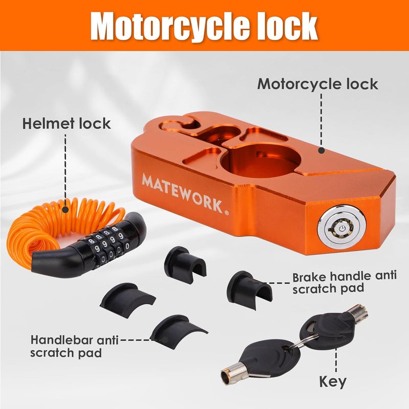 Matework Motorcycle Lock Anti Theft Heavy Duty, Motorcycle Handlebar & Brake Lock with Helmet Lock, Bike Lock, Universal for All Bike Motorcycle Orange - Image 4